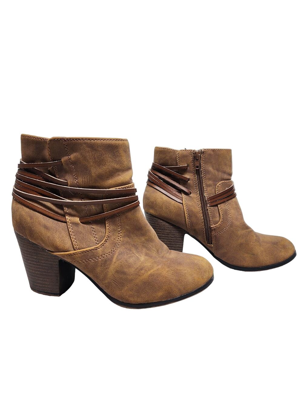 Big Buddha Chelsea Cognac Strappy Distressed Ankle Bootie Size 9